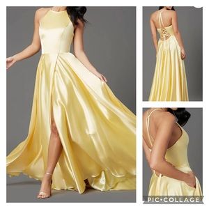 Satin high neck split long dress with pockets size 2